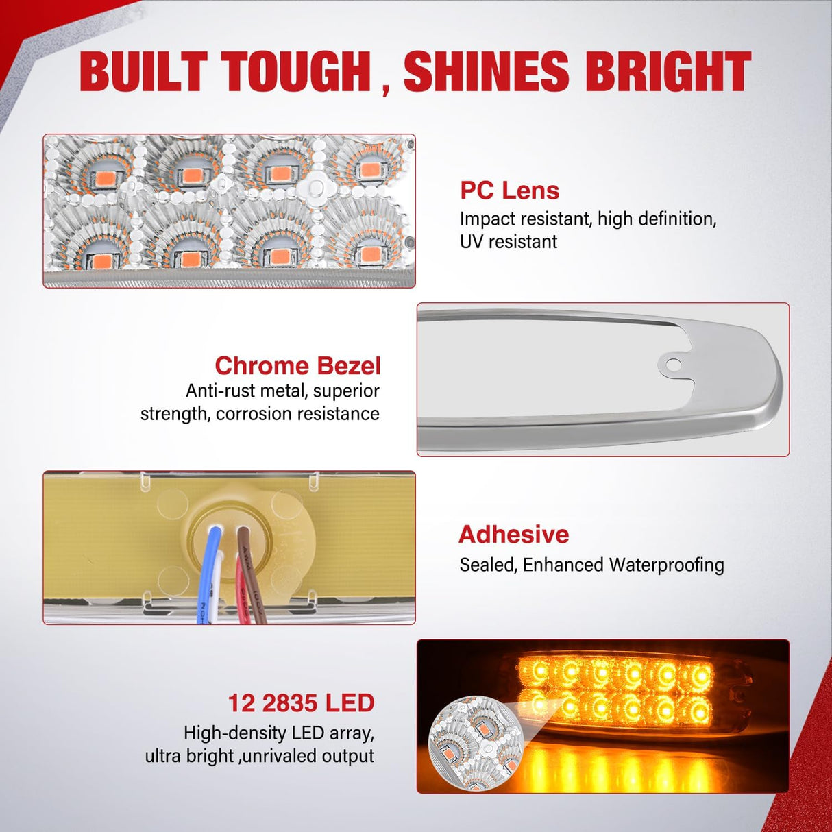 6.3 Inch Amber Rectangle Side Marker Light, White Lens, High Low Strobe | 12 LED IP67 Waterproof Chrome Bezel 12V Surface Mount Marker & Clearance Light Fits Pickup Trucks Trailers RVs Boats,10 Pack