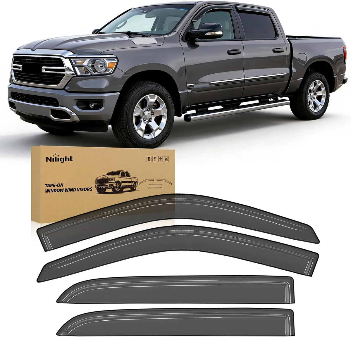 Window Visors for Ram 1500 Crew Cab 2019-2025 (New Body Style) | Outside Mount Rain Guards Vent Visors Window Deflectors, Smoke Tint, 4PCS