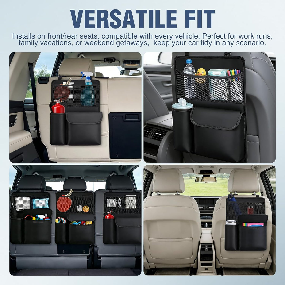 Car Seat Back Organizer 1PC Black PU Leather Universal | Multi Pockets Foldable Waterproof Scratch Resistant Hanging Storage Bag for Cars Vans SUVs MPVs Pickup Trucks