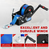 Boat Trailer Winch 3500 LBS Hand Crank Winch Heavy Duty Boat Winches with 33 FT Blue Strap Rope Hook Two Way Ratchet 4:1 8:1 Gear Portable Marine Manual Winch for Trailers Boat RV ATV Towing
