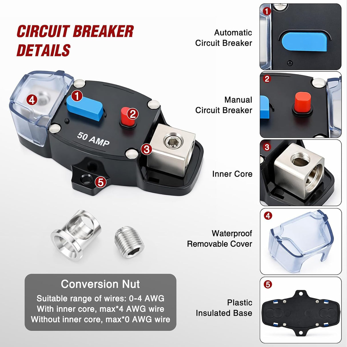 Circuit Breaker 50 Amp w/Manual Reset 12V-42V Overload Protection | Resettable Switch Trolling Motor Auto Car Stereo Audio Inline Fuse Block Holders Inverter for Automotive RV Marine Boat