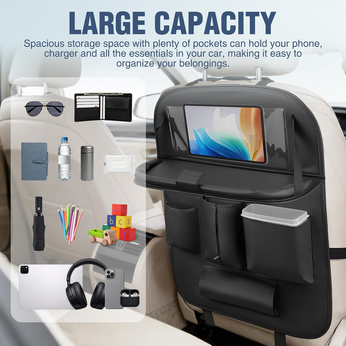 Car Seatback Organizer 2PCS Black PU Leather Universal | Foldable Tray Tablet Holder Tissue Box Removable Bucket Waterproof Storage Bag for Cars Vans SUVs MPVs Pickup Trucks