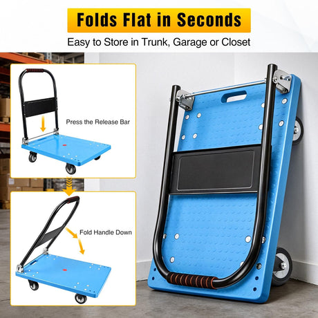 Platform Cart 330 lbs Heavy Duty Push Cart Dolly with 4-Inch TPR Wheels 27.6 x 19.7 Inch PP Deck Flatbed Cart Platform Truck for Home Garage Warehouse Use Black