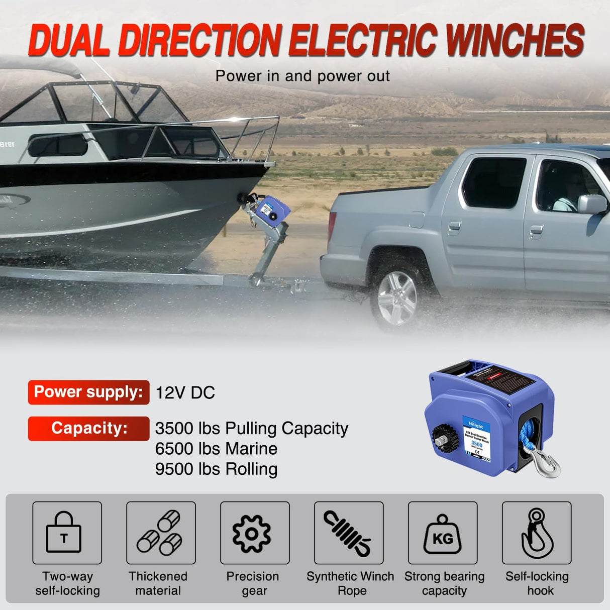 Boat Trailer Winch 3500 lbs Portable Electric Boat Winches 12 V DC Marine Winch with Synthetic Rope Remote Control Hand Crank Power-in Freewheel Waterproof Winch for Boat Trailer Towing, Blue