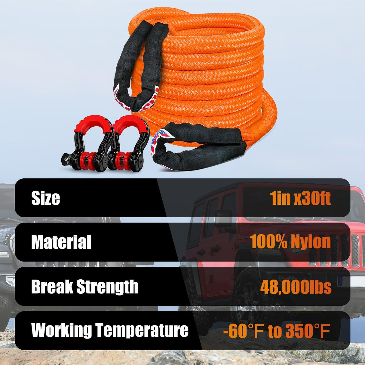 Kinetic Recovery Tow Rope Kit with 3/4 Inch Anti-Theft D-Ring Shackles 1 Inch x 30ft Heavy Duty Offroad Tow Rope Snatch Strap Towing Strap kit 48,000LBS for UTV ATV SUV Truck Car Jeep Tractor