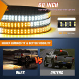 60 Inch Truck Tailgate Strobe Light Strip Tail Emergency Bar Rear Window Warning Lamp Ultra-Bright Double Row 360 LED for Pickup Trailers Construction Vehicles Car SUV, Amber White
