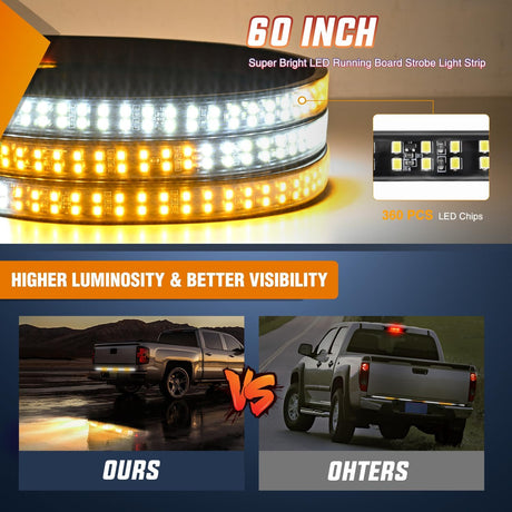 60 Inch Truck Tailgate Strobe Light Strip Tail Emergency Bar Rear Window Warning Lamp Ultra-Bright Double Row 360 LED for Pickup Trailers Construction Vehicles Car SUV, Amber White