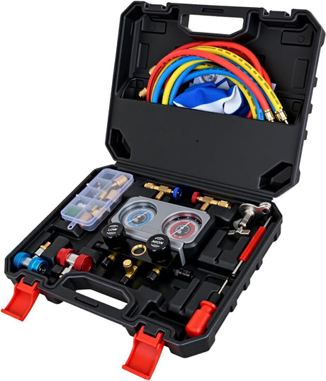 A/C Manifold Gauge Set Fits for R134a R410A R22 R404A 3-Way Auto HVAC Diagnostic Gauges Refrigerant Recharge kit with Adjustable Couplers 5FT Hoses Universal Can Tap