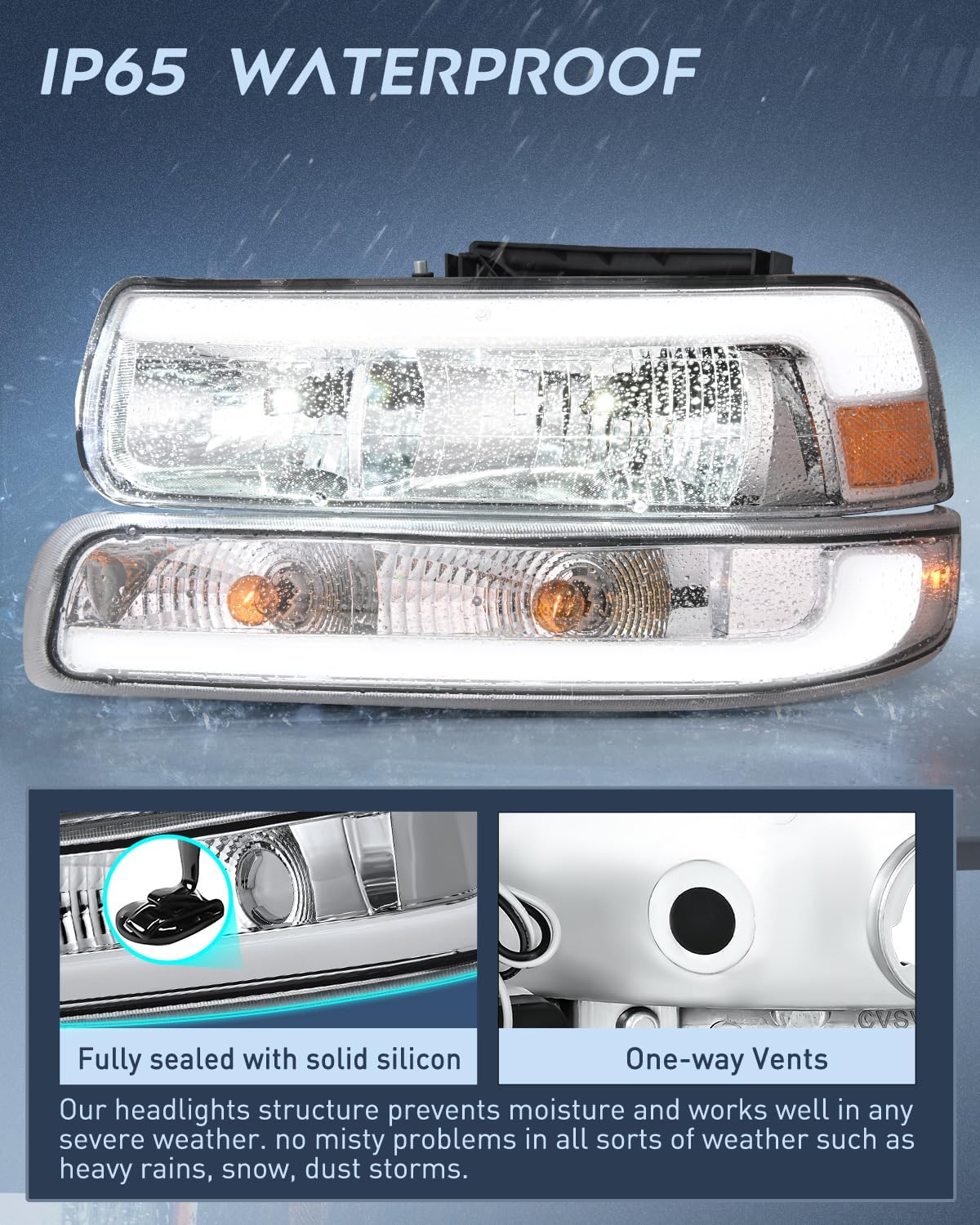 LED DRL Headlight Assembly for 1999 2000 2001 2002 Chevy Silverado 1500 1500HD 2500 2500HD 3500 Chevrolet Tahoe Suburban Replacement Headlamp Clean Lens Chrome Housing Amber Bumper Lights Set