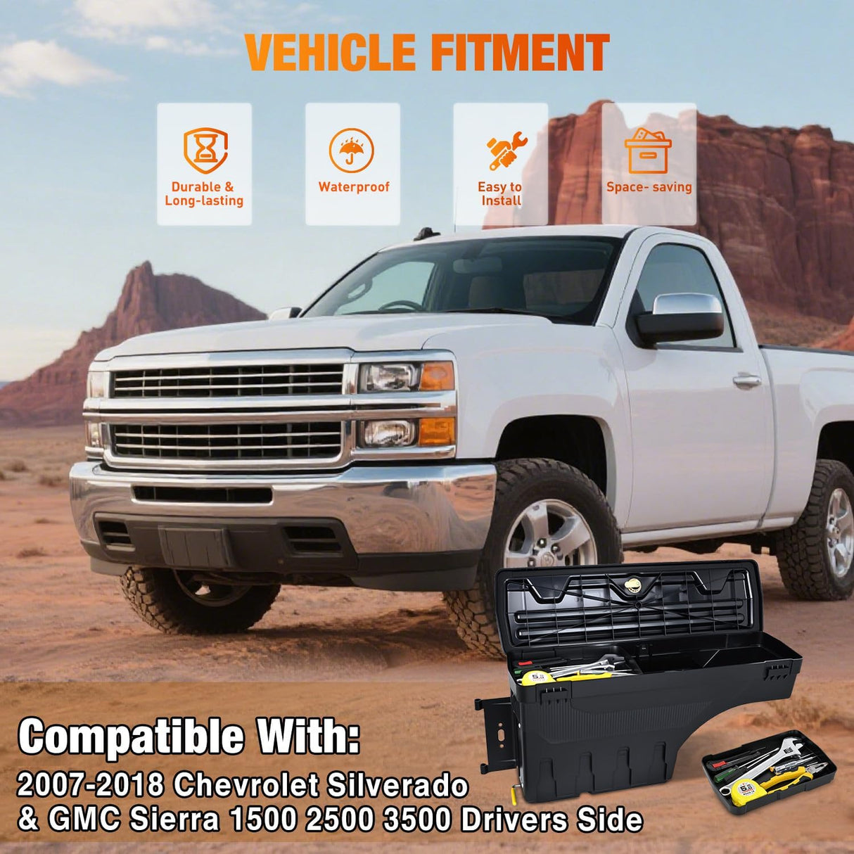 Truck Bed Tool Box Left Driver Side Truck Toolbox Fit for Chevrolet Silverado GMC Sierra 1500 2500 3500 2007-2018 Swing Case Truck Bed Storage Box w Lockable Lid Waterproof Wheel Well Toolbox