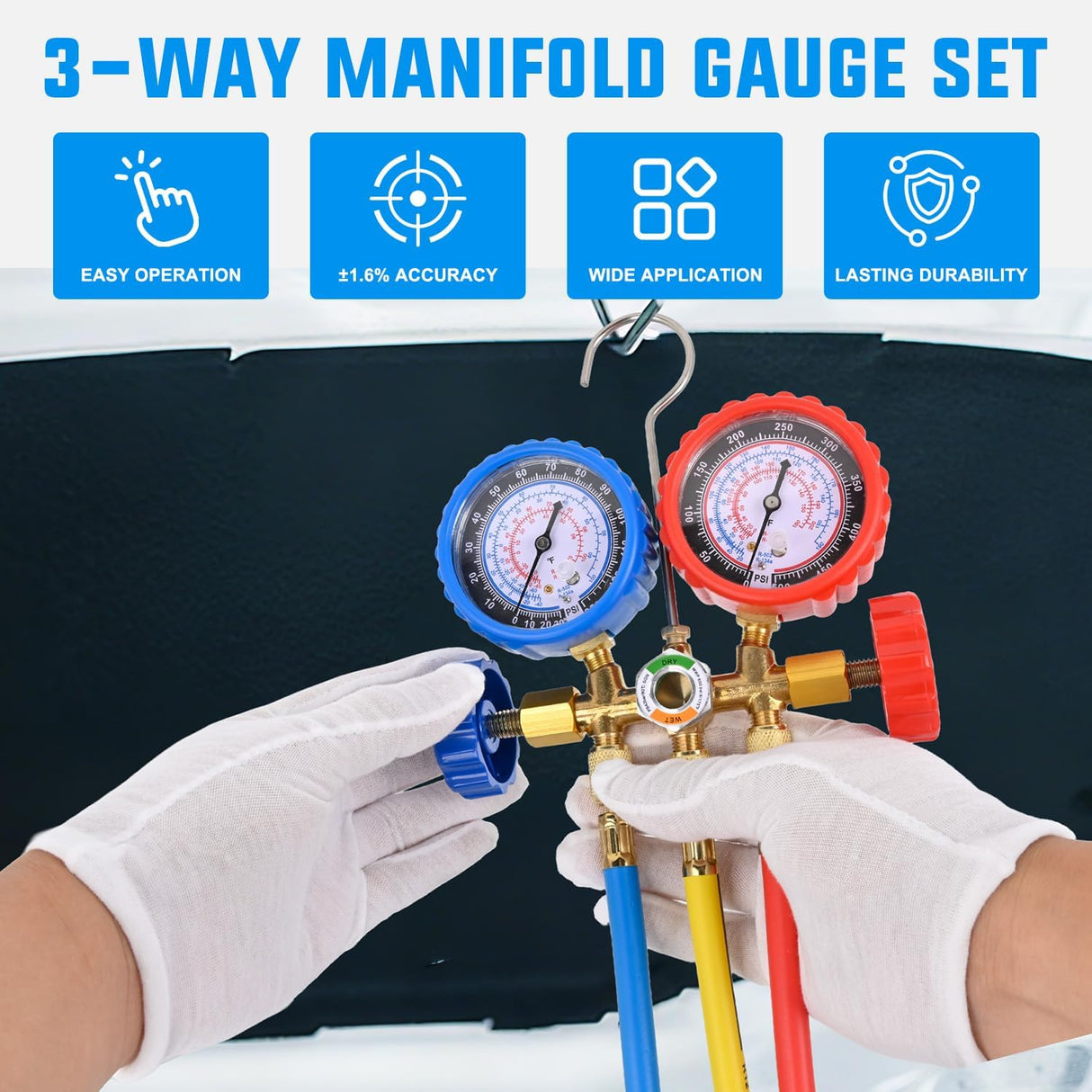 A/C Manifold Gauge Set Fits for R134a R12 R22 R502 3-Way Auto HVAC Diagnostic Gauges Refrigerant Recharge kit with Quick Couplers 5FT Hoses Universal Can Tap