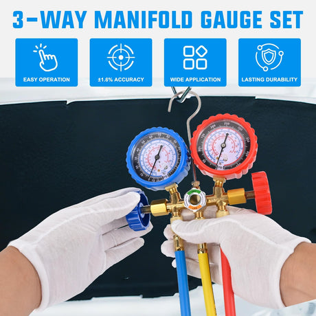 A/C Manifold Gauge Set Fits for R134a R12 R22 R502 3-Way Auto HVAC Diagnostic Gauges Refrigerant Recharge kit with Quick Couplers 5FT Hoses Universal Can Tap