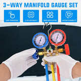 A/C Manifold Gauge Set Fits for R134a R12 R22 R502 3-Way Auto HVAC Diagnostic Gauges Refrigerant Recharge kit with Adjustable Couplers 5FT Hoses Universal Can Tap