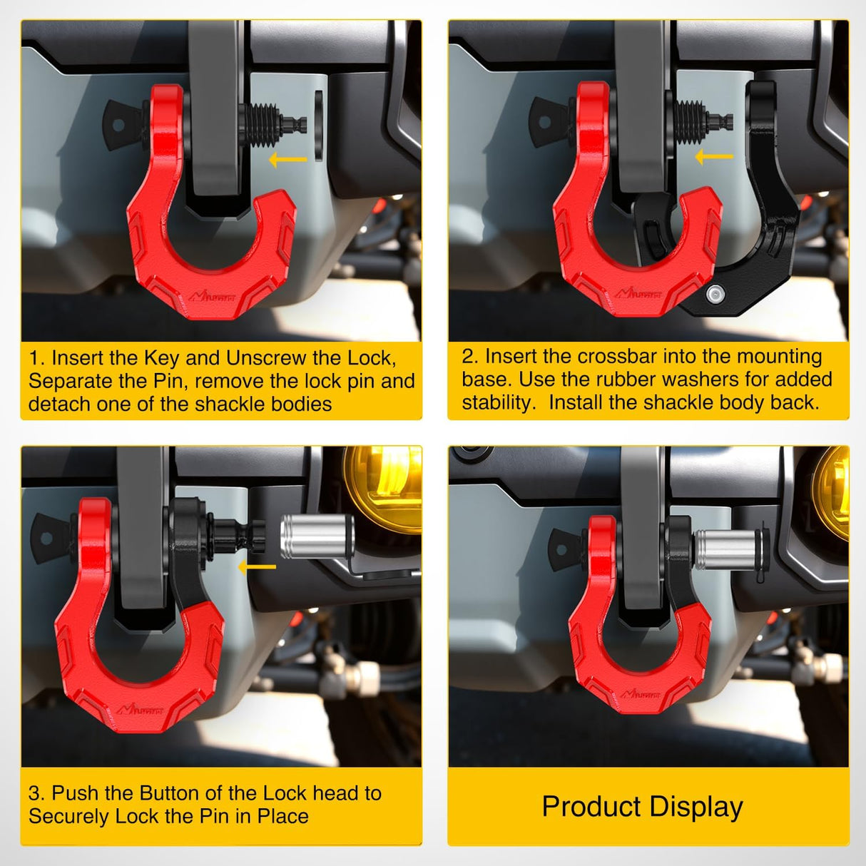 2 Pack 3/4 Inch D-Ring Separate Shackle 45,000 Lbs Break Strength | Includes 7/8 Inch Lock Pin, Isolators and Washers Off Road Recovery, for Tow Strap Winch Truck Vehicle Black&Red