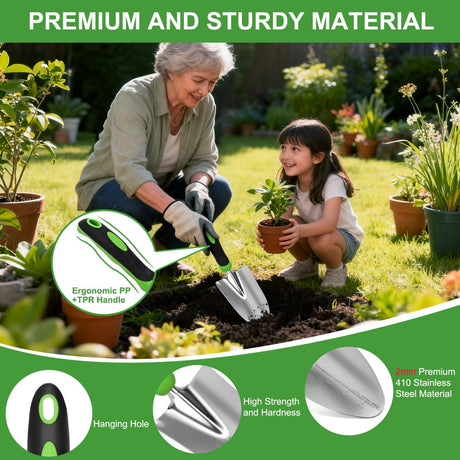 Gardening Tools 7-Piece Heavy Duty Garden Tool Set Gardening Supplies Gifts for Women Men Gardening Hand Tool Kit with Non-Slip Ergonomic Handle, Durable Garden Bag, Pruning Shears, Black Green