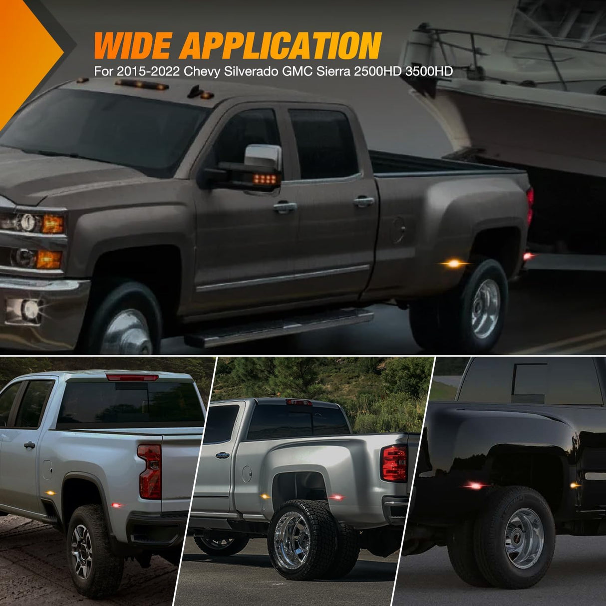 Fender Side Marker Lights 4 PCS 21 LED Smoke Lens Red Amber Front Rear Clearance Light Compatible with 2015-2022 Chevy Silverado GMC Sierra 2500HD 3500HD Dual Wheeler Trucks