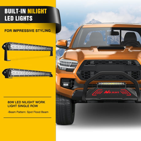 Bull Bar with Light Bar&License Plate Hole Compatible with Toyota Tacoma 2016 2017 2018 2019 2020 2021 2022 2023 Truck Brush Guard, Front Bumper Push Bar w/Grille Skid Plate Light Mount