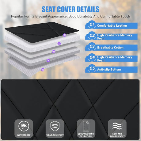 Car Seat Cushion Cover Black Geometric Embroidered Leather Front Seats Waterproof Anti-Slip Comes with Storage Bag Wraps Bottom Fits Cars Sedan Van SUV Truck