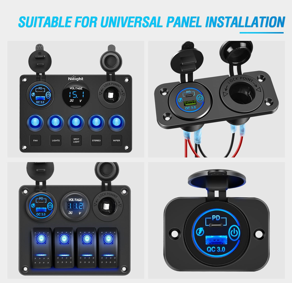 2 Pack PD Type C and QC 3.0 USB Fast Outlet Panel with LED ON Off Touch Switch Fused Wire Kit for 12V 24V Cars Trucks RVs Motorcycles Buses Boats