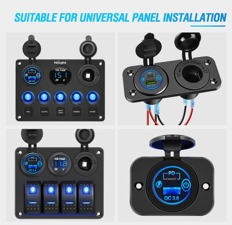 2 Pack PD Type C and QC 3.0 USB Fast Outlet Panel with LED ON Off Touch Switch Fused Wire Kit for 12V 24V Cars Trucks RVs Motorcycles Buses Boats