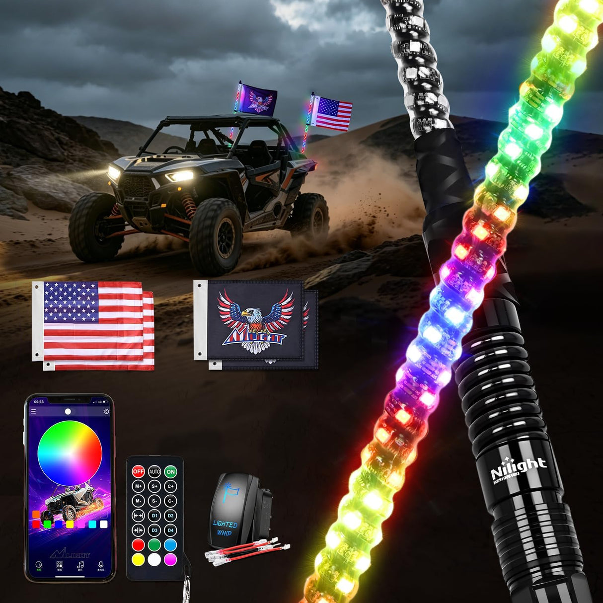 RGB LED Whip Light 2PCS 3FT Spiral Antenna Whips | APP and Remote Control with DIY Chasing Patterns Turn Signal Brake Reverse Functions and Spring Base for ATV UTV RZR and Jeep