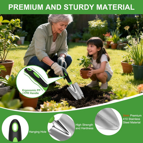 Gardening Tools 9-Piece Heavy Duty Garden Tool Set Gardening Supplies Gifts for Women Men Gardening Hand Tool Kit with Non-Slip Ergonomic Handle, Garden Bag, Durable Gloves and Shears, Green