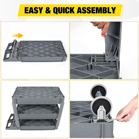 Heavy Duty 3-Shelf Plastic Utility Cart - 550 lbs Capacity Rolling Service Cart with 5 Inch TPU Silent Wheels & Integrated Tool Handle - Grey