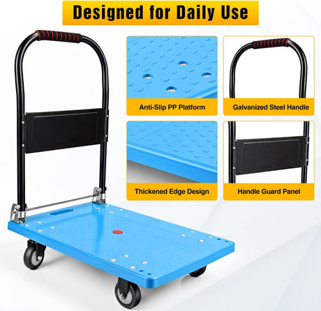 Platform Cart 330 lbs Heavy Duty Push Cart Dolly with 4-Inch TPR Wheels 27.6 x 19.7 Inch PP Deck Flatbed Cart Platform Truck for Home Garage Warehouse Use Black