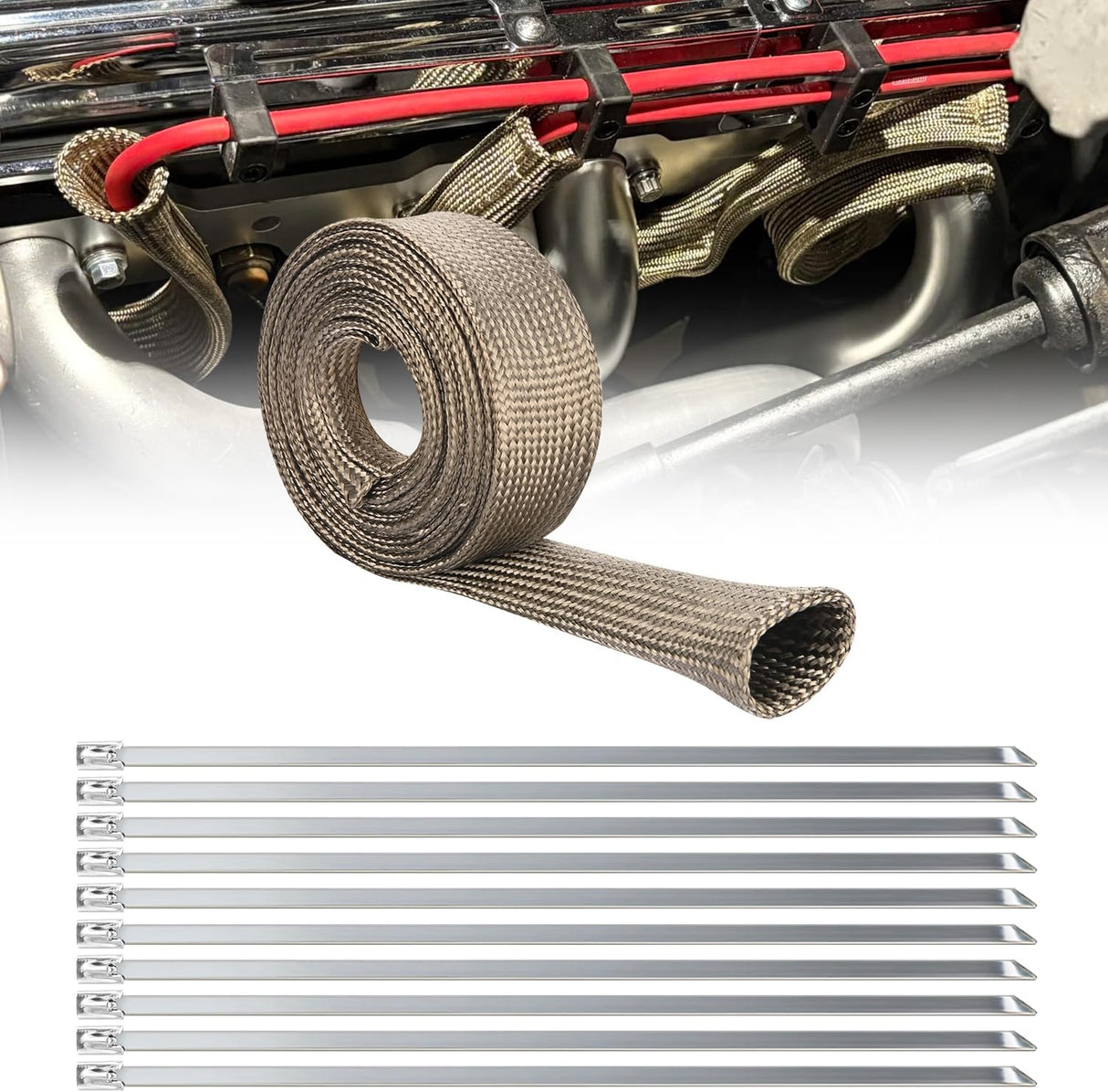 Titanium Spark Plug Wire Heat Shield Sleeve 3/4 Inch ID x 10' | 3632°F Heat Protection Cover for Fuel Line, Wire Loom, Brake Cable & Diesel Heater Exhaust