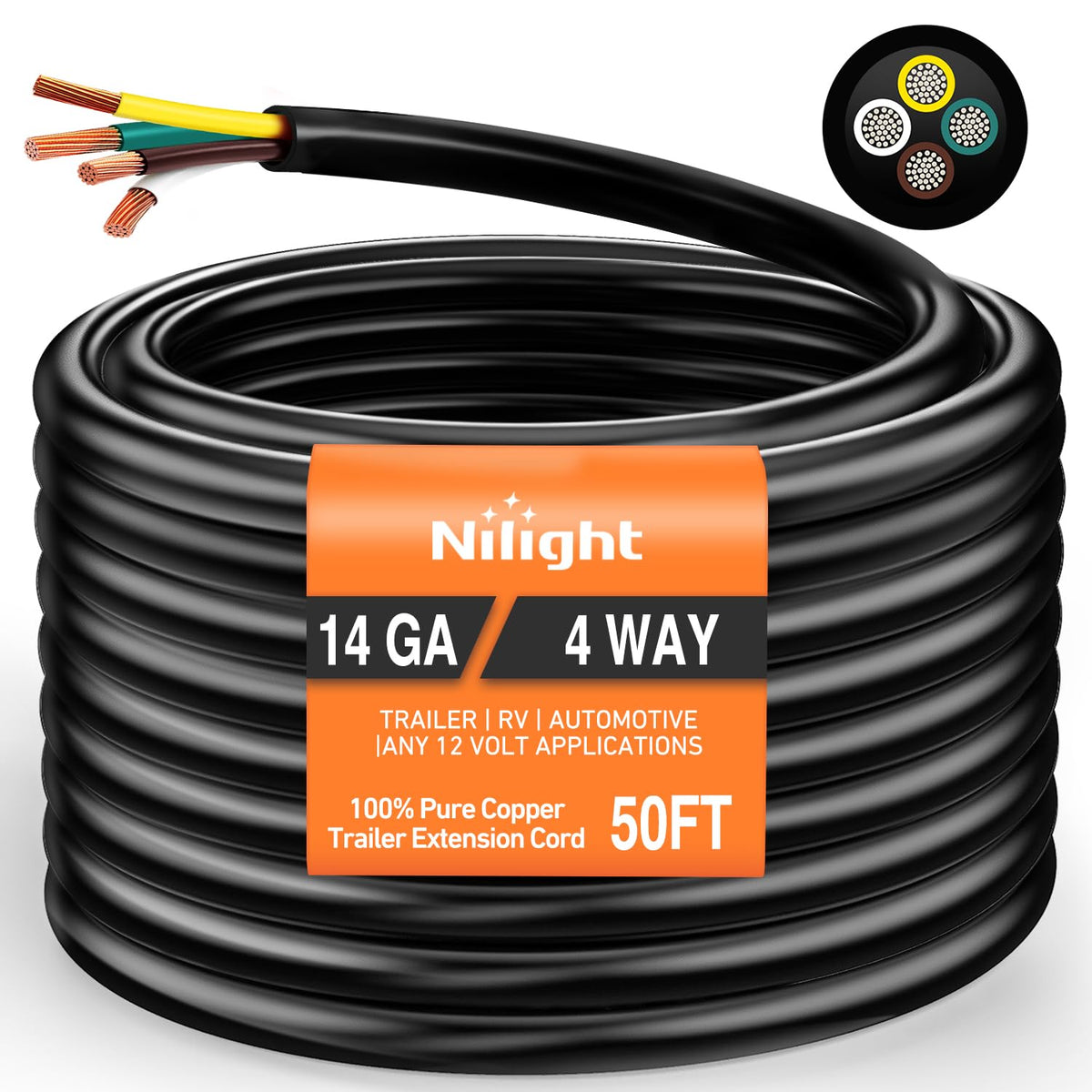 50 Feet 4 Way Trailer Wire Extension Cable 14 Gauge 4 Conductor | 100% Pure Copper Insulated Heavy Duty Weatherproof for 4 Pin Blade RV Automotive