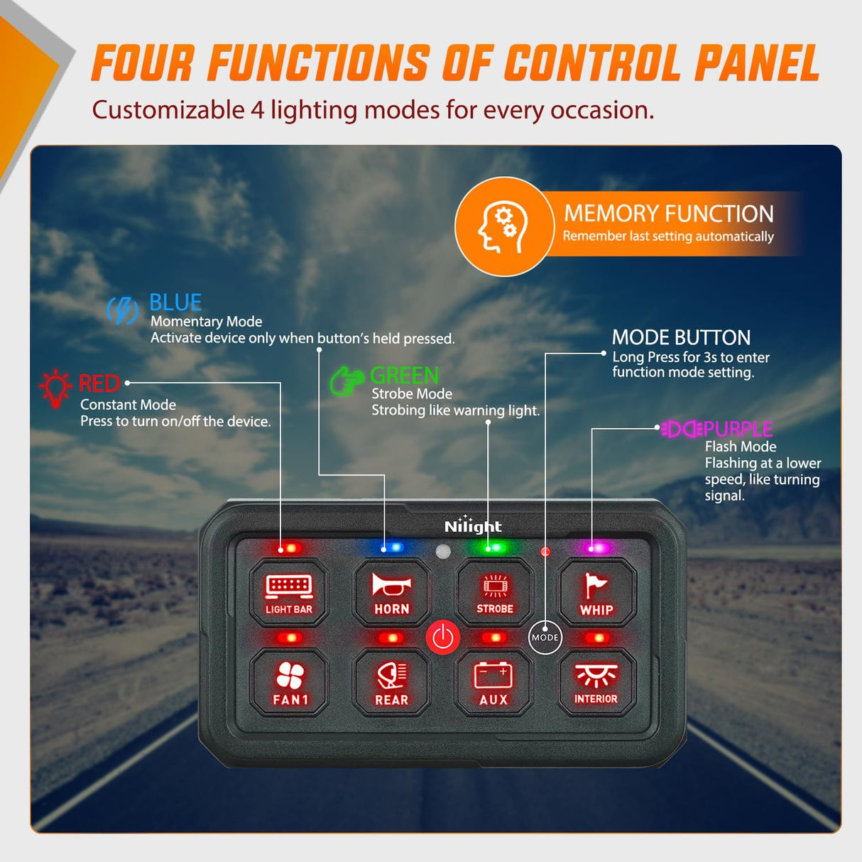 8 Gang Switch Panel Red Circuit Control Relay System with Fuse Wiring Harness Toggle Momentary Strobe Flash Modes Automatic Dimmable ON Off Pod 12V 24V for Car Truck Camper SUV