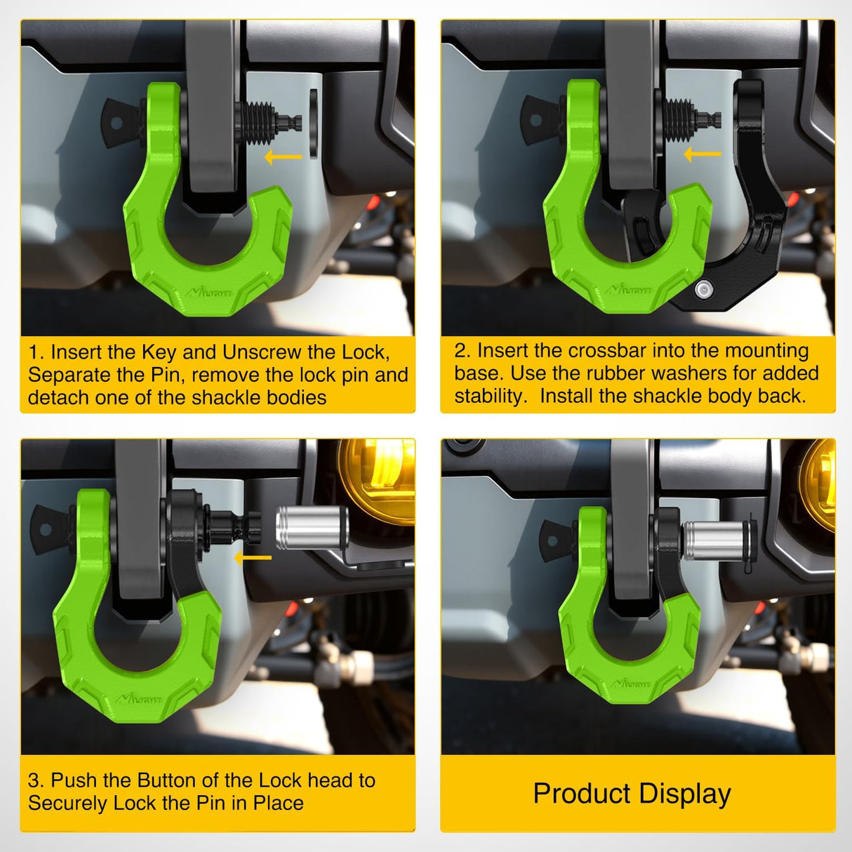 2 Pack 3/4 Inch D-Ring Separate Shackle 45,000 Lbs Break Strength | Includes 7/8 Inch Lock Pin, Isolators and Washers Off Road Recovery, for Tow Strap Winch Truck Vehicle Black&Green