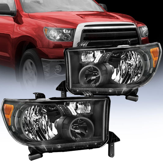 Headlight Assembly Headlight Assembly Black Housing Amber Reflector Clear Lens For 2007 2008 2009 2010 2011 2012 2013 Toyota Tundra 2008-2017 Sequoia