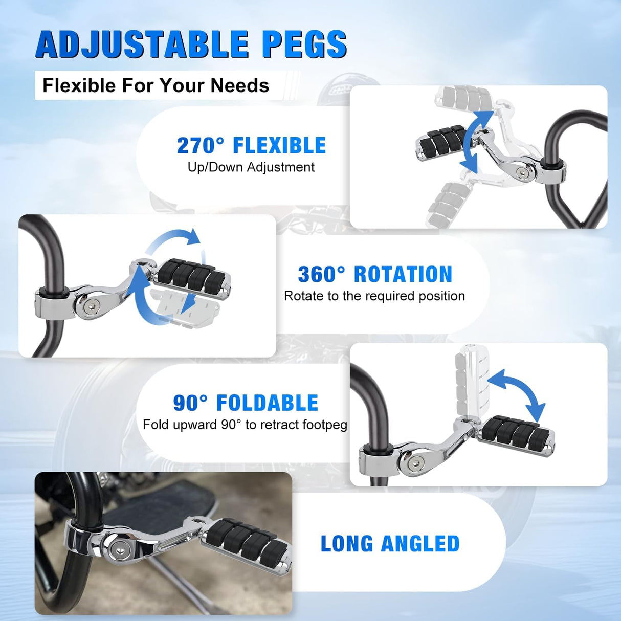 1.25 Inch Motorcycle Highway Pegs For Harley Davidson Touring Road King Street Glide Sportster Adjustable Long Angled Foot Pegs Universal For 1-1/4 Inch Engine Guard Crash Bars Highway Footpegs Chrome
