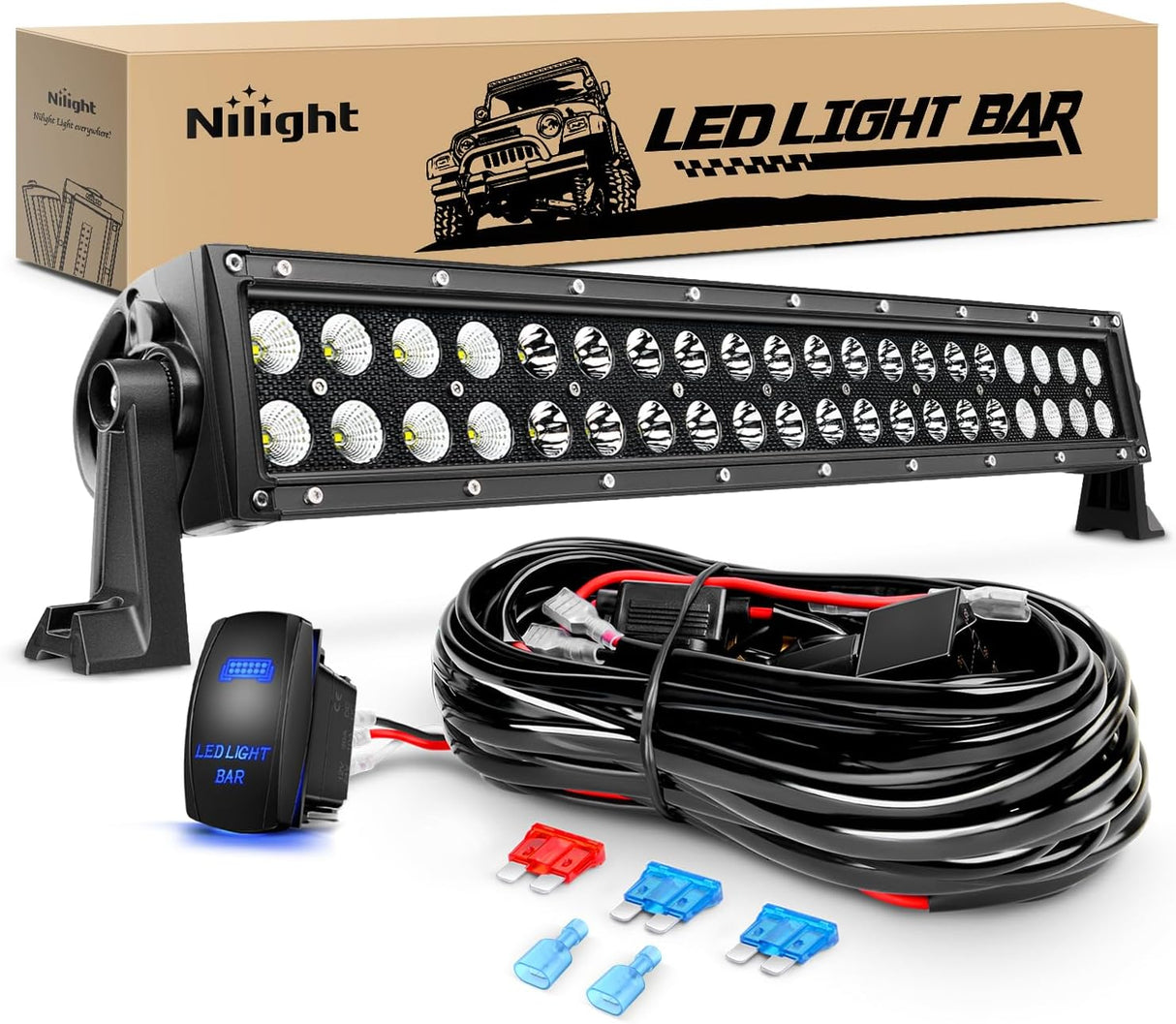 LED Light Bar 22 Inch 120w Flood Spot Combo Driving Lights 12V 5Pin Rocker Switch 16AWG Wiring Harness Kit for Trucks SUV ATV UTV 4x4 Van Camper