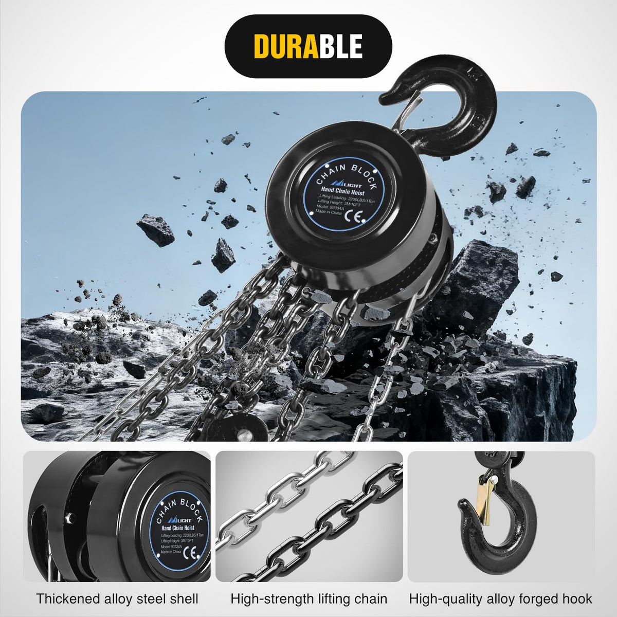 Manual Chain Hoist with Upgrade G70 Galvanized Chain1 Ton 2200 lbs Capacity 10 ft Lifting Height with 2 Hooks Heavy Duty Pulley Hoist for Garage Warehouse Automotive Machinery
