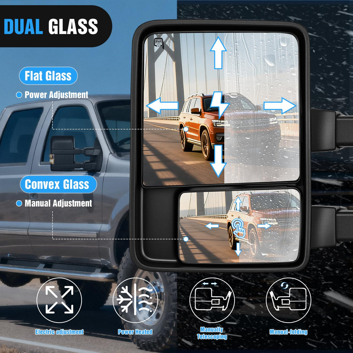 Towing Mirrors Turn Signal Puddle Lights Power Heated Adjustable Glass Manual Telescoping Folding Compatible With 1999-2007 Ford F250 F350 F450 F550 Super Duty