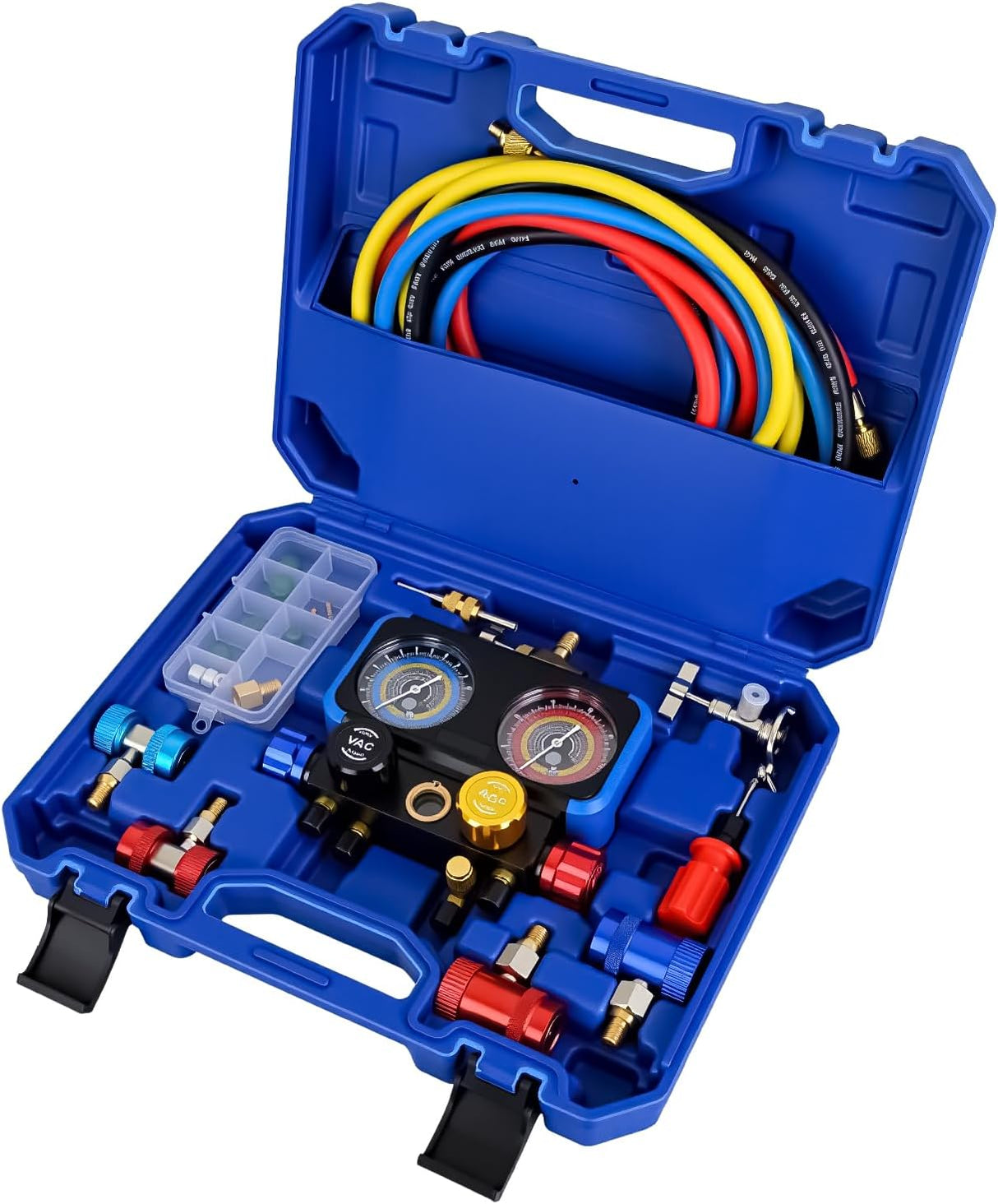 A/C Manifold Gauge Set Fits for R1234yf R134a R404A 4-Way Auto HVAC Diagnostic Gauges Refrigerant Recharge kit with Adjustable Couplers 5FT Hoses R1234yf Universal Can Tap