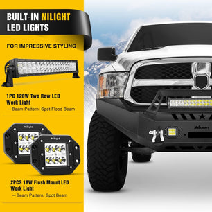 2013-2018 Dodge Ram 1500 Front Bumper Full Width Solid Steel with Winch Plate Offroad 120W LED Light Bar 2Pcs 18W Light Pods D-Rings Nilight
