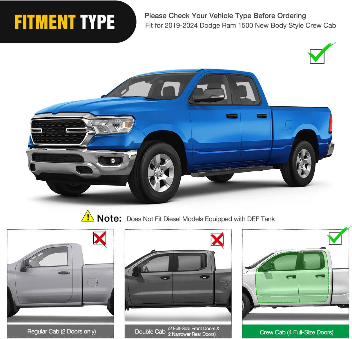 Running Boards for 2019 2020 2021 2022 2023 2024 2025 2026 Dodge Ram 1500 New Body Style Crew Cab 4 Full Size Doors 6 Inch Side Step Nerf Bars Black