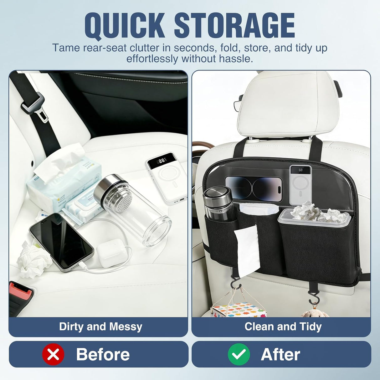 Car Seat Back Organizer 1PC Black PU Leather Universal | Removable Inner Bucket Tissue Box Mesh Pockets Waterproof Hanging Storage Bag for Cars Vans SUVs MPVs Pickup Trucks