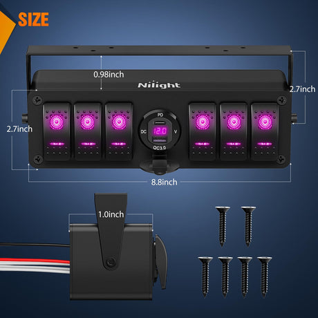 6 Gang Rocker Switch Box 12V SPST ON Off Toggle Switches PD Type C and QC 3.0 USB Sockcet Voltmeter Purple LED Light Waterproof Aluminum Mount Bracket Panel DIY Stickers for Boat Car RV Truck