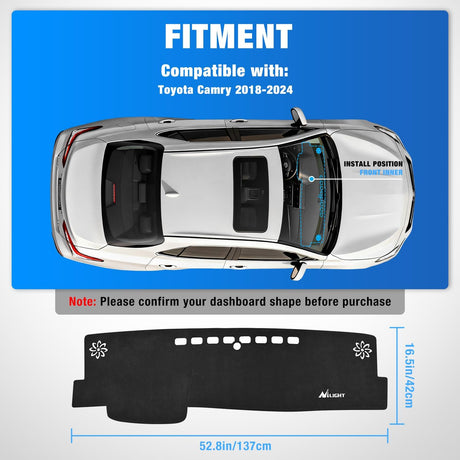 Dash Cover for Toyota Camry 2018 2019 2020 2021 2022 2023 2024, Custom Fit Suede Dashboard Mat Non‑Slip Sunshade Glare Protector Interior Accessories Black