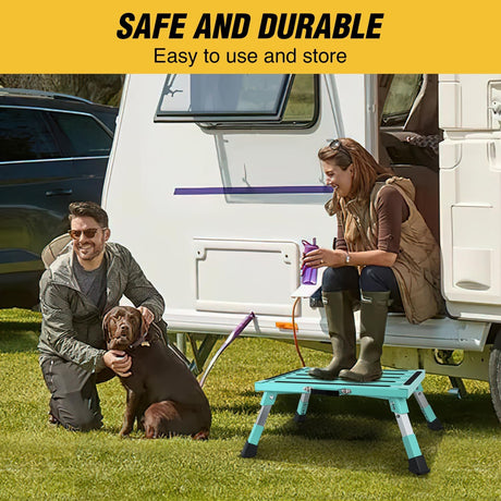 RV Step Stool Aluminum Folding Platform Steps 19x14.5 RV Steps 4 Levels Adjustable Heavy Duty Step Stool with Anti-Slip Surface Rubber Feet Portable Handle 500lb for Camper Trailer,Mint Green