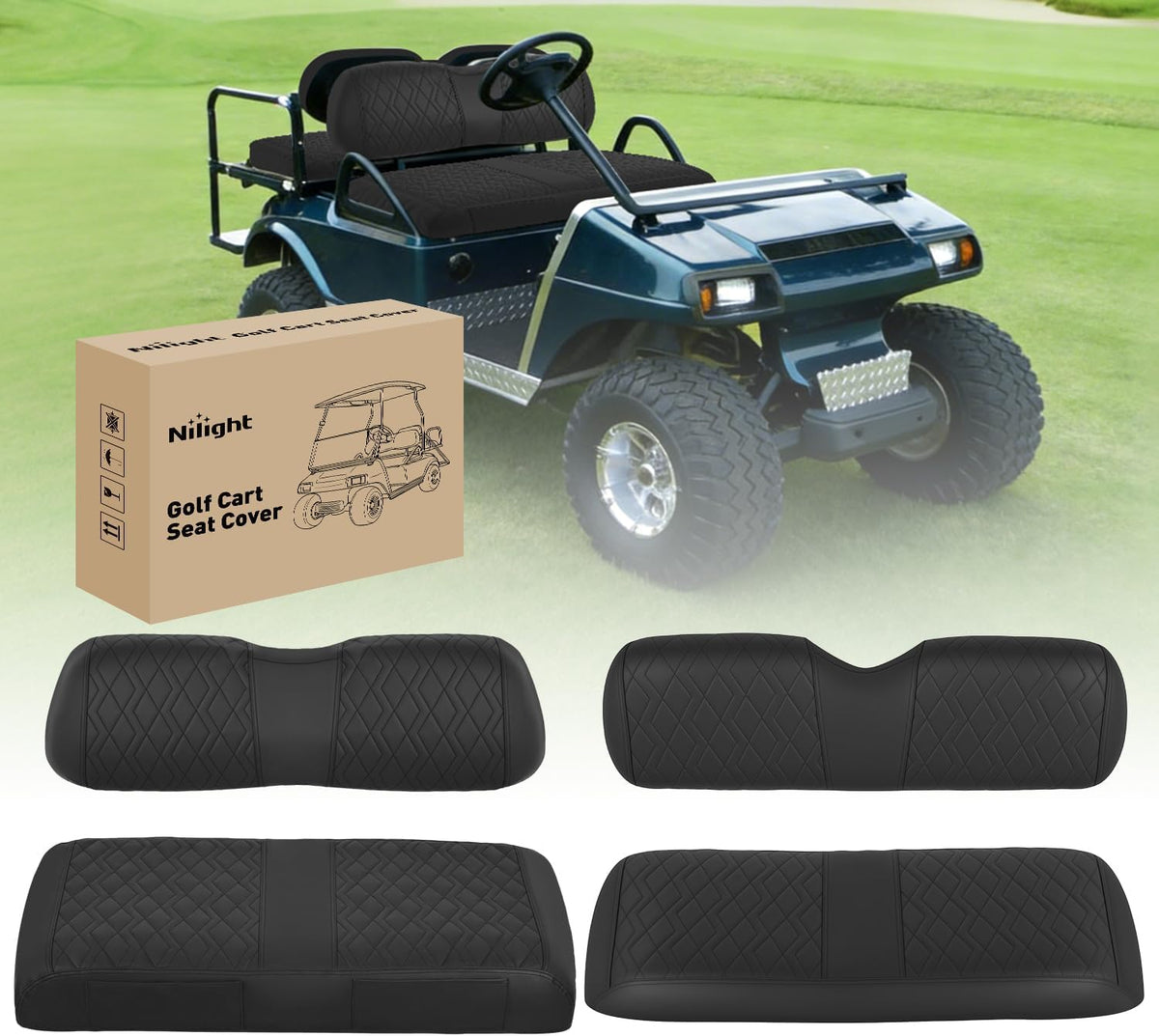 Golf Cart Seat Covers 2PCS Black Leather Club Car DS | Waterproof Leather No Staple Design All Season Protection Sun Scratch Resistant Cover Fits 2000-2026 Club Car DS