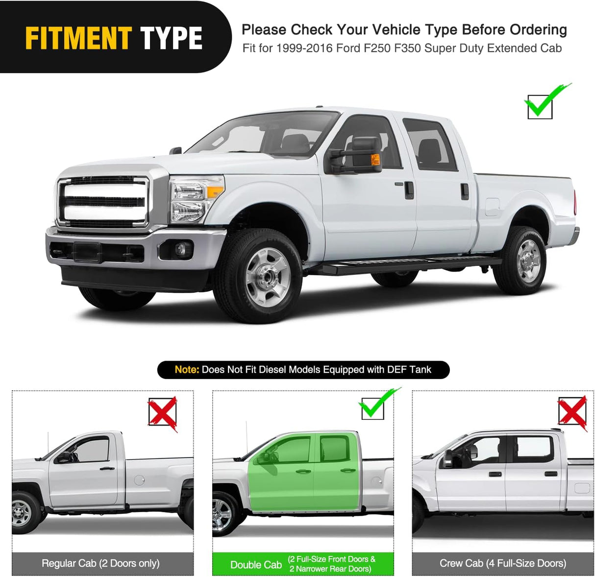 Running Boards for 1999-2016 Ford F250 F350 Super Duty/Extended Cab 2 Full-Size Door & 2 Half-Size Door 6 Inch Side Step Nerf Bars Stainless Steel Black