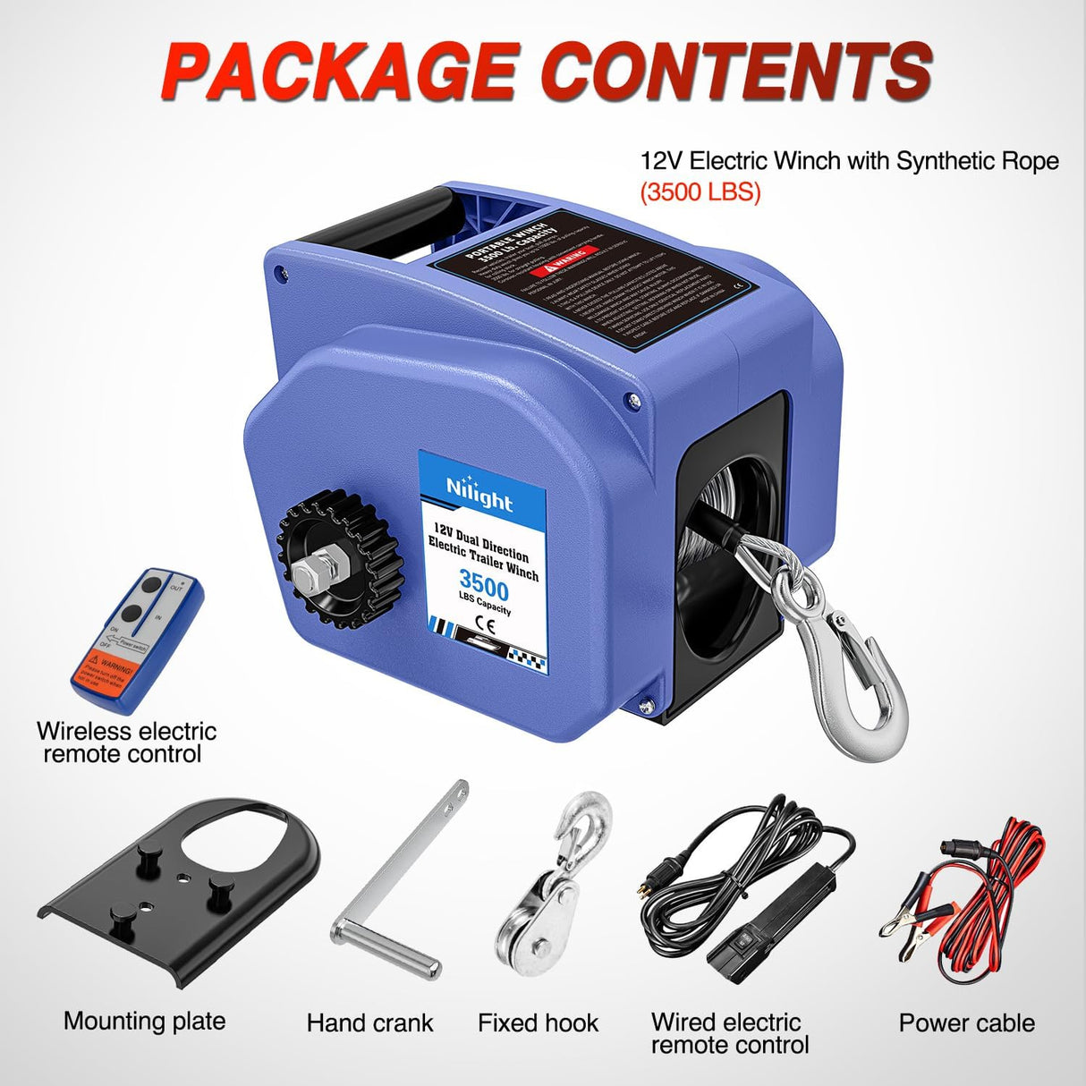 Boat Trailer Winch 3500 lbs Portable Electric Boat Winches 12 V DC Marine Winch with Steel Cable Remote Control & Hand Crank Power-in Freewheel Operat Waterproof Winch for Boat Trailer, Blue