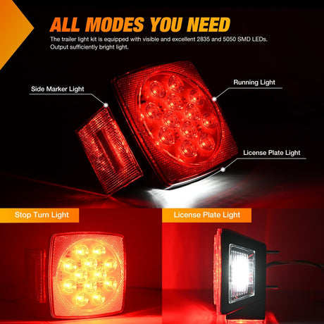 LED Trailer Light Kit 2 PCS Square Stop Turn Tail Side Marker Lights Steel Mounting Box License Plate Bracket Submersible IP68 For 12V Utility Boat Camper RV Truck