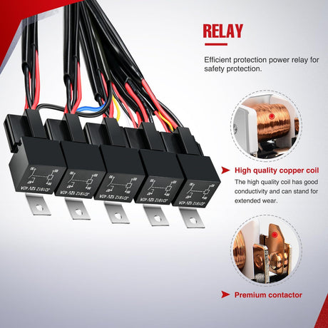 16AWG 14AWG 12AWG LED Light Bar Wiring Harness Kit 12V On/Off 5 Gang Rocker Switch Panel Power Relay Blade Fuse 5Pin Toggle Switches for Cars Boat ATV Trucks-10 Leads
