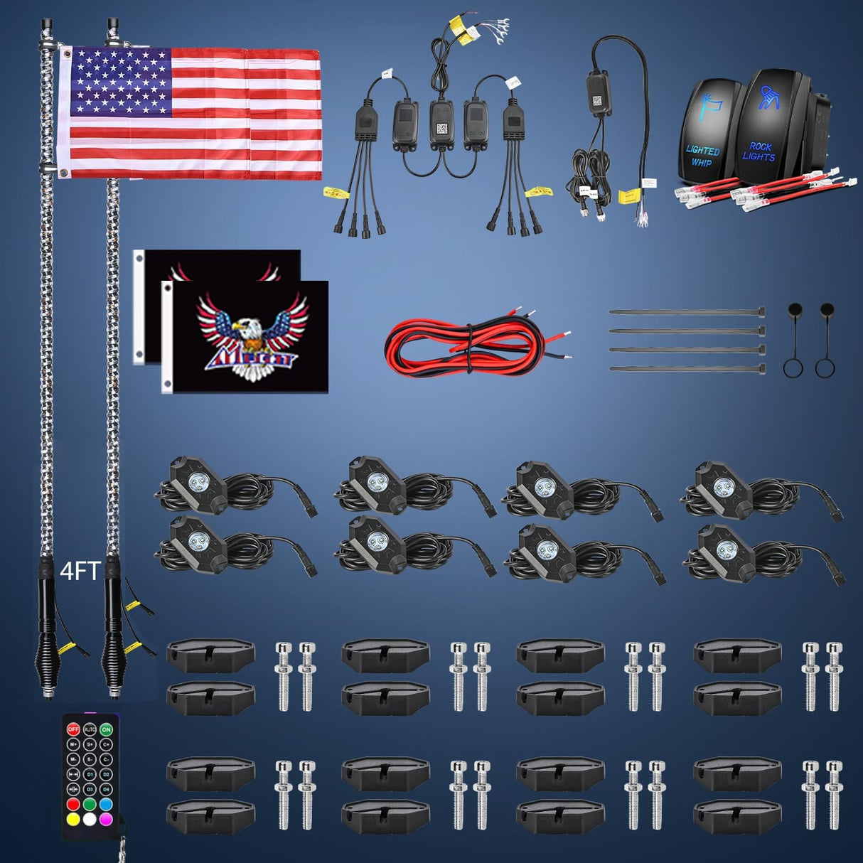 RGB LED Whip Light 2PCS 4FT with 8 Rock Lights Combo | APP and Remote Control with DIY Chasing Patterns Turn Signal Brake Reverse Functions and Spring Base for ATV UTV Jeep